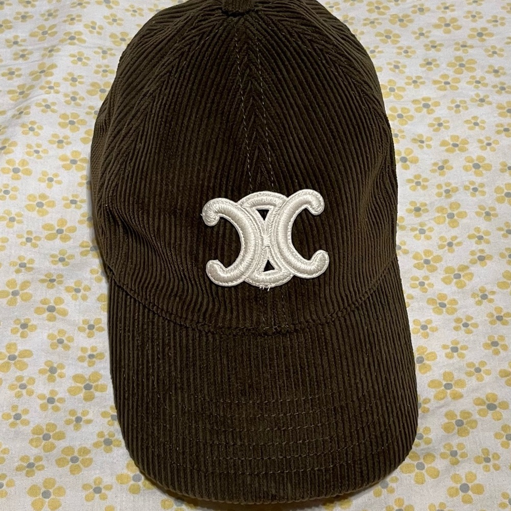 NWOT Celine Dark Olive Corduroy Baseball Hat with Triomphe White Logo